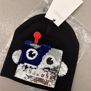 NWT h&m boys 3/4t Kids Sequin Robot Beanie - Black, Blue, Silver